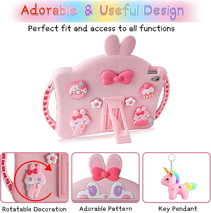 WESADN for iPad 10th Generation Case 10.9 Inch 2022 Kids Girls for iPad A16 Case 11th Gen 11 Inch 2025 with Screen Protector Shoulder Strap Kickstand Keychain Cute Rabbit Silicone Tablet CoverPink