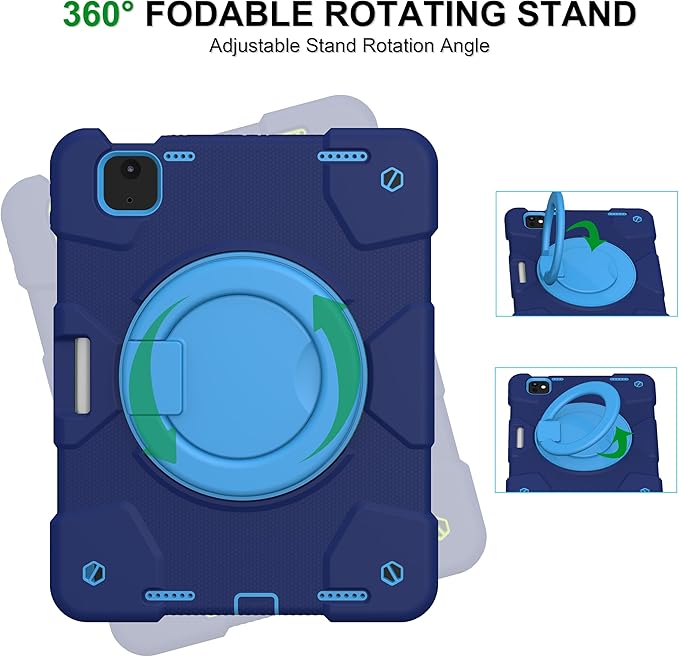 Case for iPad Air 11 inch Case M3 2025/ M2 2024 (Air 7th/6th Generation) Heavy Duty Shockproof Cover with Screen Protector 360° Rotating Stand Pencil Holder Shoulder Strap (Navy+Blue)