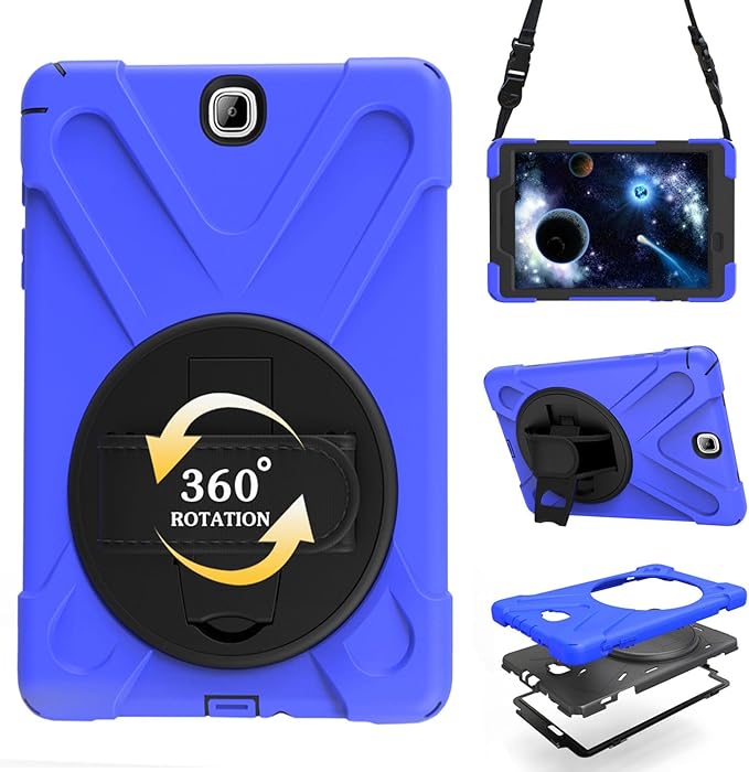 Case for Samsung Galaxy Tab A 9.7 2015 (SM-T550/T555/P550/P555)Portable Heavy Duty Dropproof Protective Cover Case with 360 Rotating StandHandle &amp Shoulder StrapStylus Pen (New Blue)