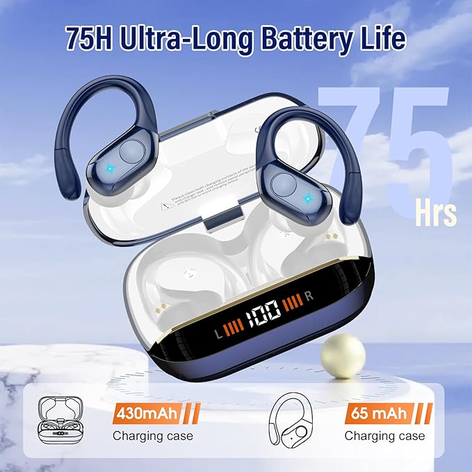 Wireless Earbuds Bluetooth Headphones Stereo Deep Bass Sports Ear Buds with Earhooks Bluetooth Earbuds LED Display IP7 Waterproof Earphone Dark Blue