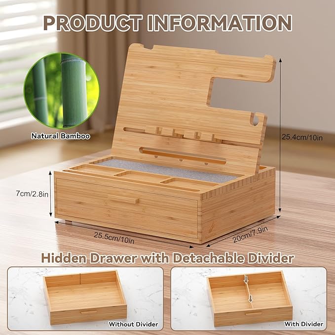 Pezin &amp Hulin Wooden Charging Station Bedside Nightstand Tray with Spacious Drawer Felt Pads for Phones Watch Idea Gifts for Him Birthday Son Christmas for Papa Fathers Day (Nature)