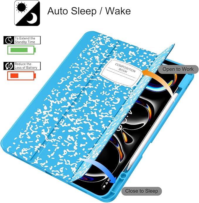 Soke Case for New iPad Pro 13 Inch (M5/M4 2025/2024 Release) with Pencil Holder Trifold Stand Shockproof [Support Apple Pencil Charging + Auto Wake/Sleep] Soft TPU Back Cover Book Blue