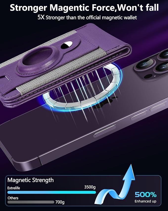 ExtreLife for Magsafe Wallet with Airtag Holder Magnetic Wallet for iPhone 17/16/15/14/13/12 Series 9-Card Holder Open ID Window Adjustable Stand RFID Blocking Purple