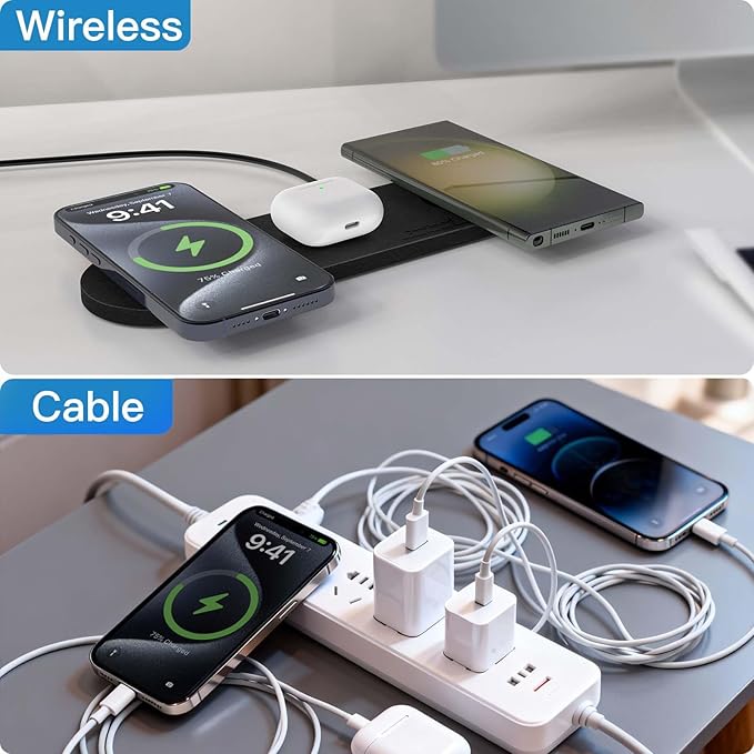 ZealSound Wireless Charging PadTriple Wireless Charger Pad Multiple Devices Compatible with iPhone Phone New AirPods Galaxy Buds Ultra-Slim PU Leather Wireless Charging Mat for Smartphone Phone Black