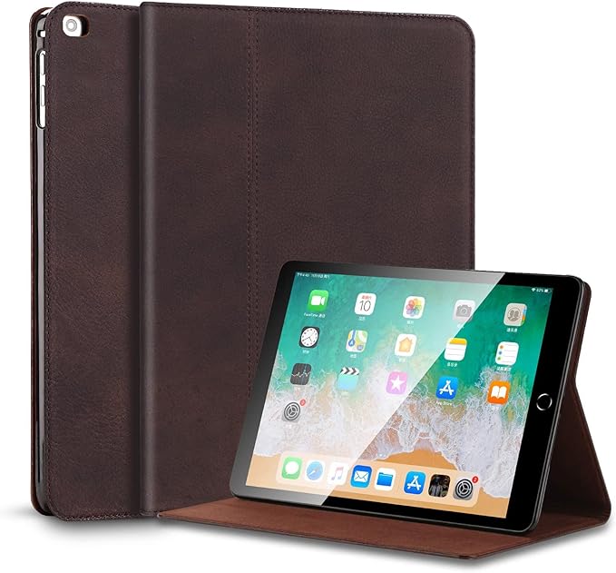 Gexmil Case for iPad 9.7 Inch6th/5th Generation(2018/2017)-iPad Air 2/1 Gen. Genuine Leather Cover Anti Fingerprint/SlipCowhide Folio Cover Auto Sleep/Wake with Adjustable StandSand Dark Brown