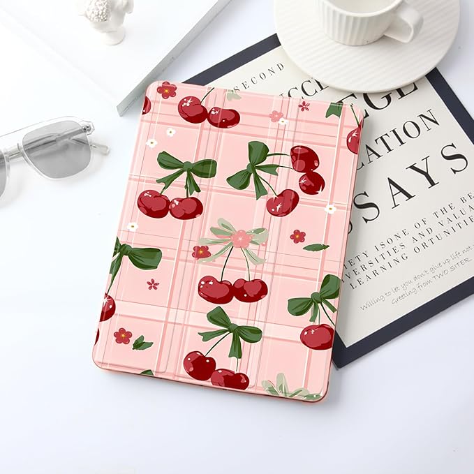JOYLAND for iPad (A16) 11th Gen 11 Inch 2025iPad 10th Generation Case 10.9 Inch 2022 with Pencil Holder-Auto Wake/SleepCute Pink Cherry Cover Anti-Scratch Shockproof Premium Folio Stand CasePink
