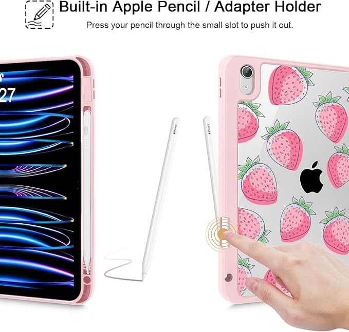 Case for iPad Air 11'' (M4 2026/M3 2025/M2 2024)/ iPad Air 10.9'' Air 5th /4th Gen Shockproof Cover with Clear Back Shell &amp Penceil Holder Auto Wake/Sleep Stand Cover Strawberries