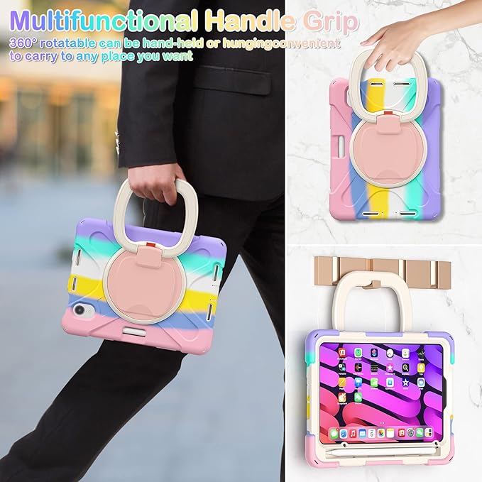 BRAECNstock Kids Case for Apple iPad mini 7 (A17 Pro)/ Mini 6 2024/2021 8.3-Inch Shockproof Protective iPad mini Case with Screen Protector Rotating Stand Handle Grip Pencil Holder Rainbow Pink