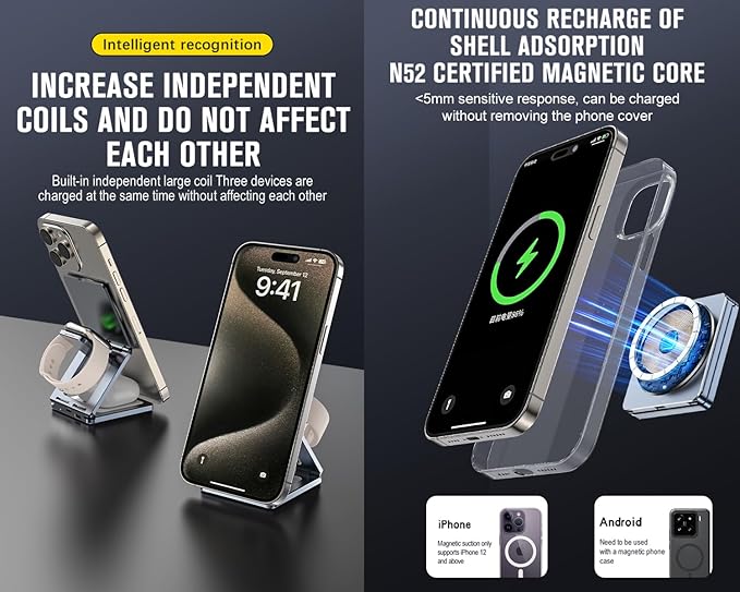 3 in 1 Wireless Charger StationAluminum Alloy Foldable Travel for iPhone Wireless Charger Fast 15W ChargingMag Safe Charger Stand for iPhone/Apple Watch/Airpods SeriesSmallUltra-Thin