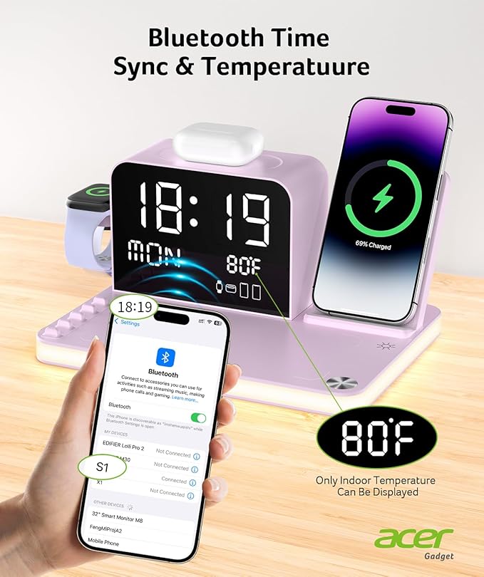 Acer 7-in-1 Wireless Charging Station with LED Clock - 30W Fast Wireless Charger for iPhone 16/15/14/13/12/Pro Max Apple Watch AirPods - Bluetooth Auto Time Sync &amp Night Lights (Purple)
