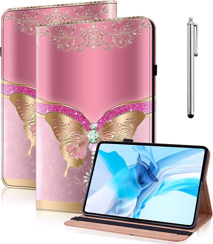 Case for Lenovo Yoga Tab Plus Tablet 12.7 Inch 2025 Multi-Angle Viewing Premium PU Leather Stand Case with Elastic Strap &amp Card Slots for Lenovo Yoga Tab Plus 12.7 Tablet-Pink Butterfly