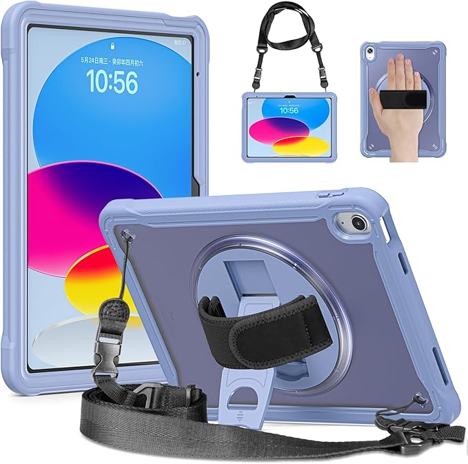 Case for iPad (A16) 11th/10th Generation 2025/2022 11/10.9 inch Rugged Shockproof Protective Cover with Screen Protector 360° Rotating Hand Strap&ampStand Pencil Holder Purple