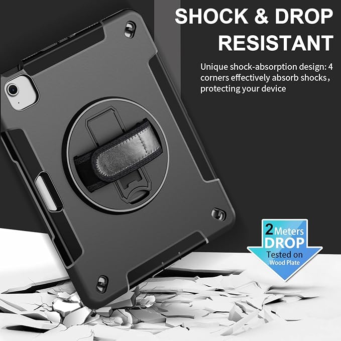 Junfire Protective Case for iPad Air 11-inch M4/M3/M2 (2026/2025/2024) Shockproof Rugged iPad Air 11 Case with 360°Rotating Kickstand/Hand Strap/Shoulder Strap/Stylus Holder-Black