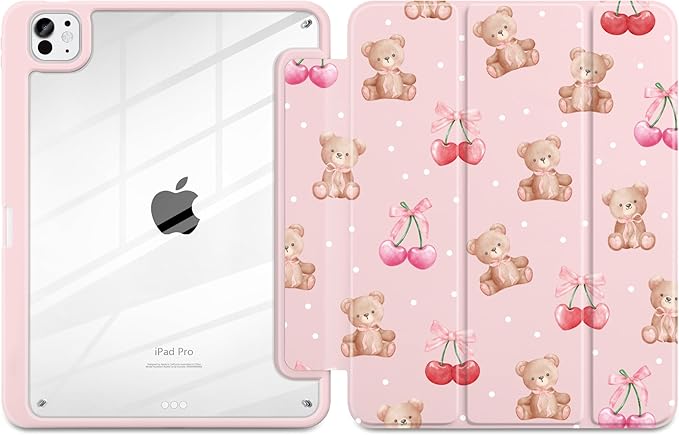TWOLSKOO Case for iPad Pro 11-inch (M5 2025 / M4 2024) Clear Acrylic Back with TPU Bumper Pencil Holder Trifold Stand Auto Sleep/Wake Lovely Bear