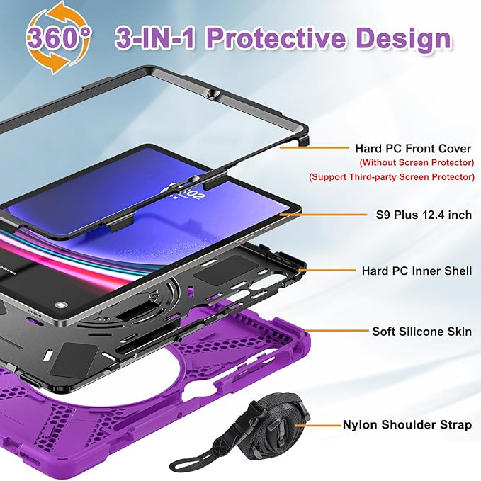 BRAECNstock for Samsung Galaxy Tab S10+ Plus/ S9 FE+ Plus/ S9+ Plus/ S8+ Plus/ S7 FE/ S7+ Plus 5G Tablet Case 12.4 Shockproof Protective Kids Case with Pen Holder Rotating Hand Strap &amp Stand - Pu