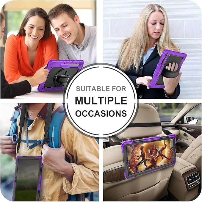 Tablet Case for Samsung Galaxy Tab S8 Plus/S7 FE/S7 Plus 12.4 [Shockproof] with Tempered Glass Screen Protector Rotating Kickstand/Hand &amp Shoulder Strap/S Pen Holder (Purple)