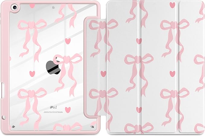 MEEgoodo Case for iPad 10.2 inchTablet Cases for iPad 9th Generation 2021/8th Gen 2020/7th Gen 2019 with Clear Acrylic Back Shell+Pencil Holder+Auto Wake/Sleep+Trifold StandTrendy Bow &amp Hearts