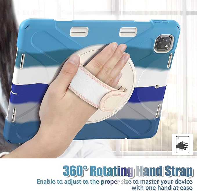 Batianda Case for iPad Pro 13-inch 2025 M5 2024 M4 Chip Heavy Duty Rugged Durability Silicone Tablet Cover with 360° Rotating Hand Strap Foldable Hidden Stand &amp Shoulder Strap Colorful Blue