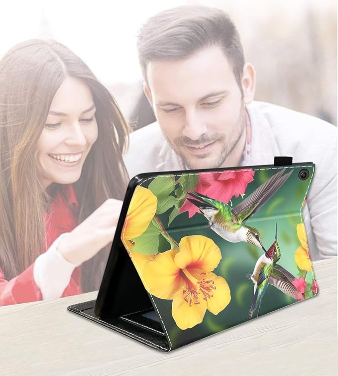 Case for Amazon Kindle Fire 7 Tablet (7 9th/7th Generation 2019/2017 Release) Slim PU Leather Cover with Card Slot &amp Auto Wake/Sleep Hummingbird Flower