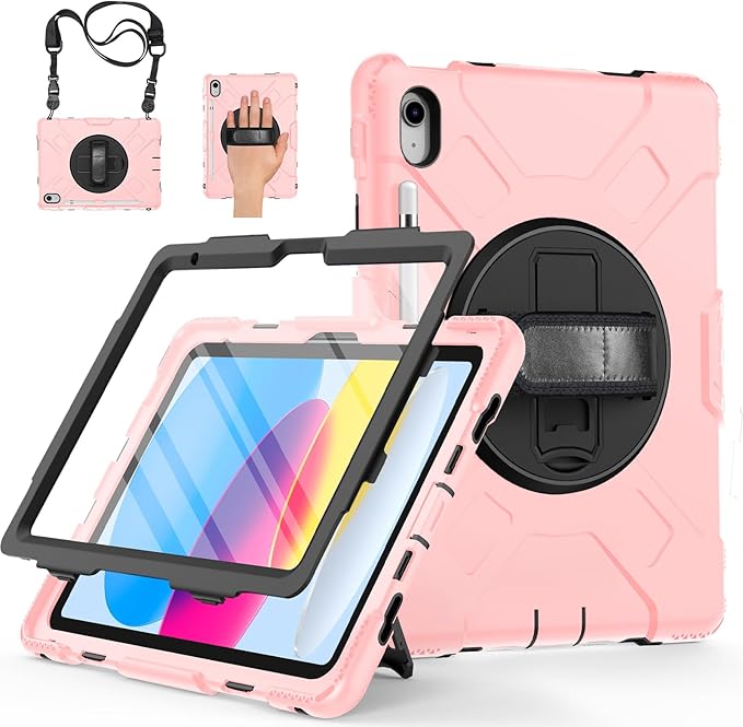Case for iPad (A16) 11th/10th Generation Case: Protective Cover for iPad 11th Gen 11 Inch 2025 &amp10th Gen 10.9 2022 with Screen Protector- Stand- Shoulder Strap- Handle- Pencil Holder-Black+Pink