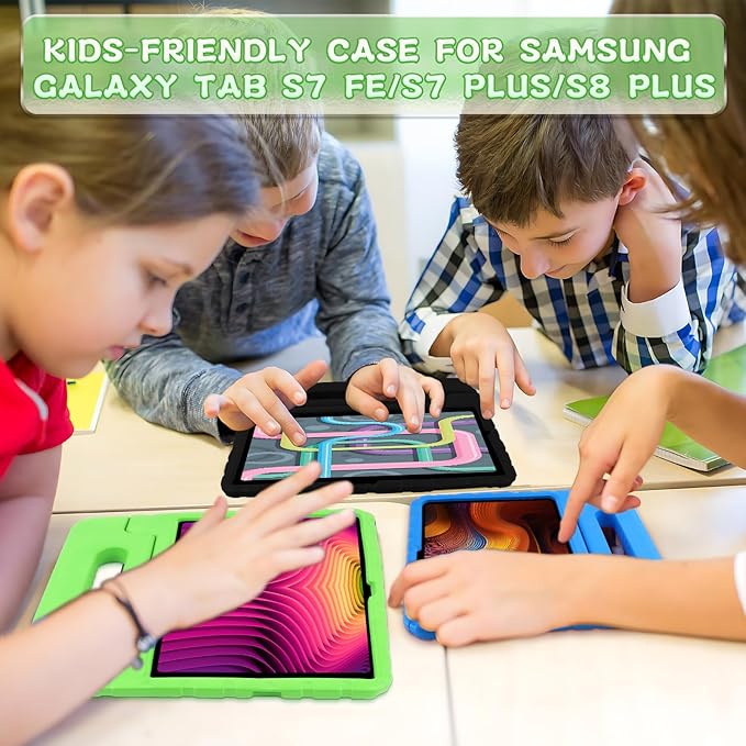 New Kids Case for Samsung Galaxy Tab S7 FE/S7 Plus/S8 Plus with S-Pen Holder and Anti-Slip Handle 12.4 inch Super Protection Cover for 2022 Tab S8+ 2021 Tab S7 FE 2020 S7+ Green
