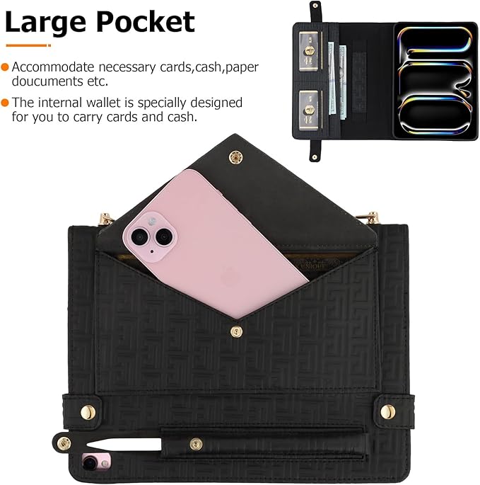 Dteck Handbag Case for iPad 9th/8th/7th Generation 2021/2020/2019 10.2 Inch with Pencil Holder Folio Stand PU Leather Crossbody Shoulder Hand Strap Card Pockets Magnetic Envelope Wallet CoverBlack