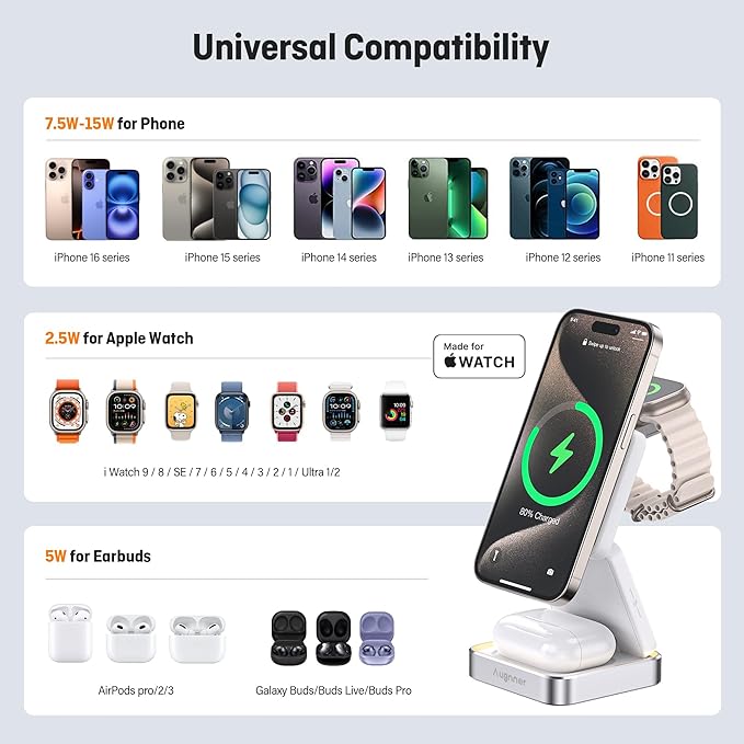 【2026 Upgraded】Wireless Charger 3 in 1 Foldable Wireless Charging Station with Light for Apple MagSafe Charger Travel Magnetic Charger for iPhone 17/16/15/14/13/12 Apple Watch AirPods (20W Adapter)