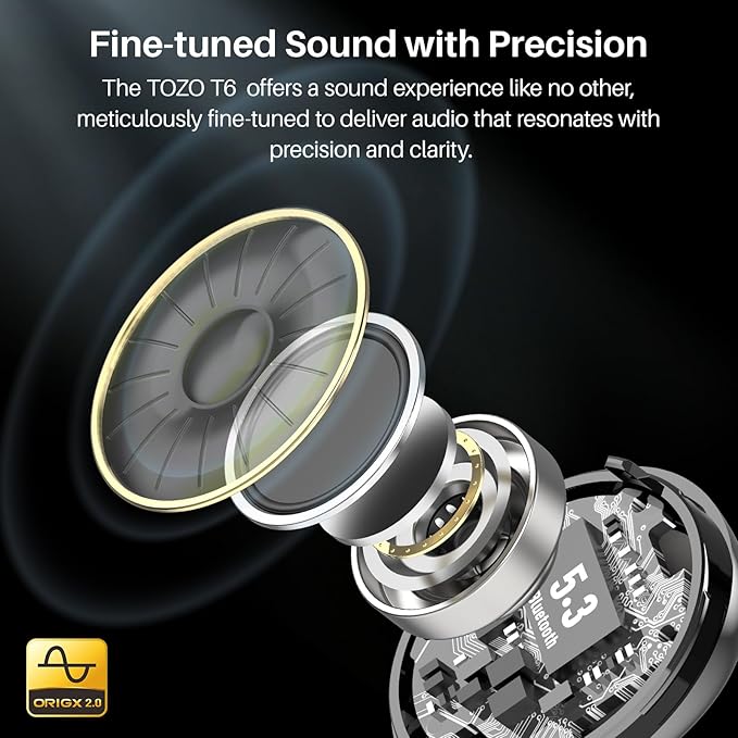TOZO T6 Wireless Earbuds Bluetooth 5.3 Ear Buds Stereo Sound in Ear Headphones 50 Hours Playtime Wireless Charging Case APP Customizable EQs IPX8 Waterproof Earphones