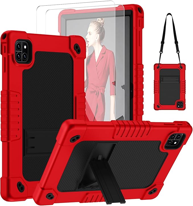 for Callsky-Tab Cpad 10 / Callsky-Tab Ctab 10 10.1 inch Tablet Case Kids Shockproof Cover with Kickstand Shoulder Strap and 2 Pcs Tempered Glass Screen Protector (RedBlack+2Pcs)