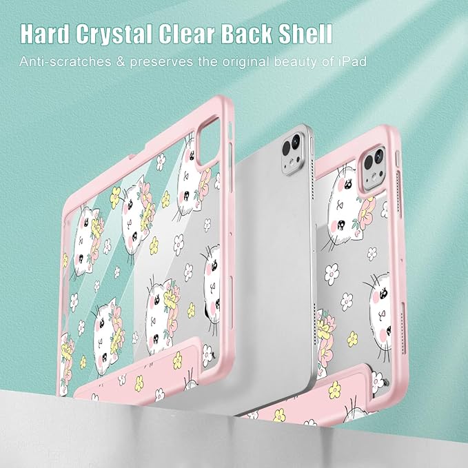 May Chen Case for iPad Pro 11-Inch M5/M4 2025/2024 (6th/5th Generation) [Penceil Holder] Trifold Stand Auto Wake/Sleep Clear TPU Protection Back Cover Cat &amp Flowers