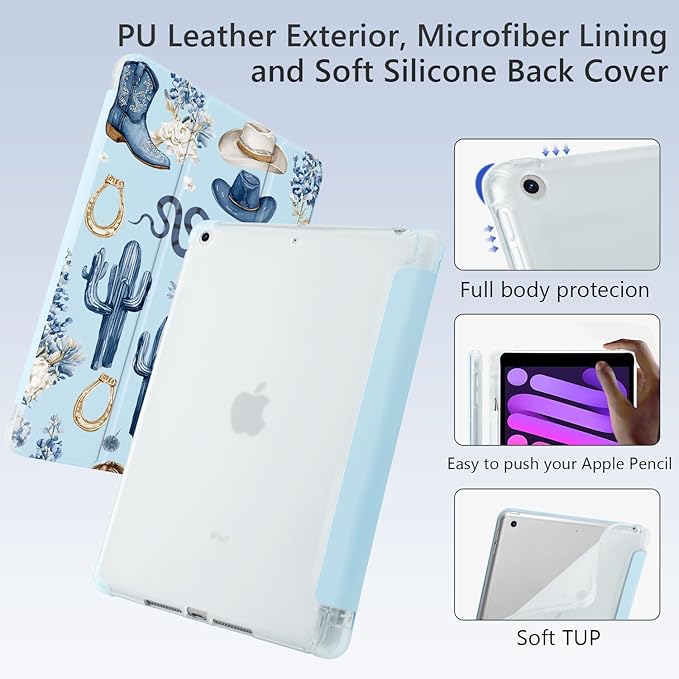 Western Cowboy Flower for iPad Pro 11 Inch Case 4th/3rd/2nd Generation 2022/2021/2020 with Pencil Holder Auto Sleep/Wake Blue Leather Soft TPU Back Cover