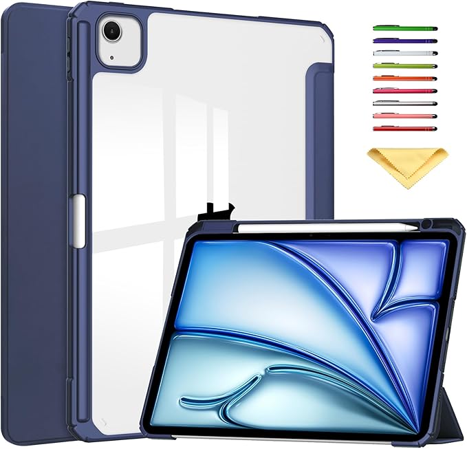 Stand Case for iPad Air 13 inch M2 (2024) with Clear Transparent Back &amp Soft TPU Shockproof Frame Cover [Built-in Pencil Holder] [Auto Sleep/Wake] Smart Lightweight Trifold Shell Dark Blue