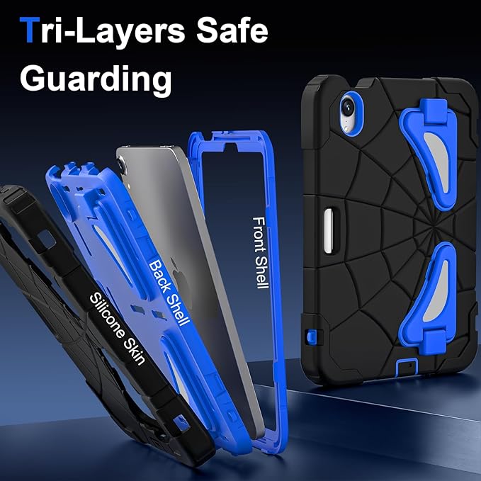 Kids Case for iPad mini 7 A17 Pro 2024/ Mini 6 8.3 inch Spider Case for iPad mini 7th 6th Generation Shockproof Durable Full Protective Cover with Pencil Holder Kickstand (Black+Blue)