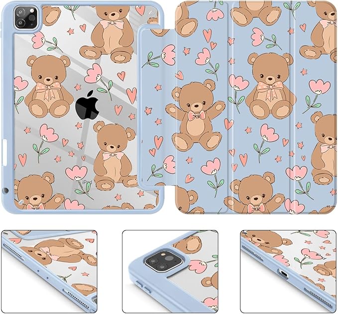 May Chen for iPad Pro 11 inch M2 4th Generation 2022 iPad Pro 11 3rd/2nd/1st Gen Built-in Pencil Holder with Shockproof Cover Clear Transparent Back Shell Auto Wake/Sleep Cute Teddy Bear