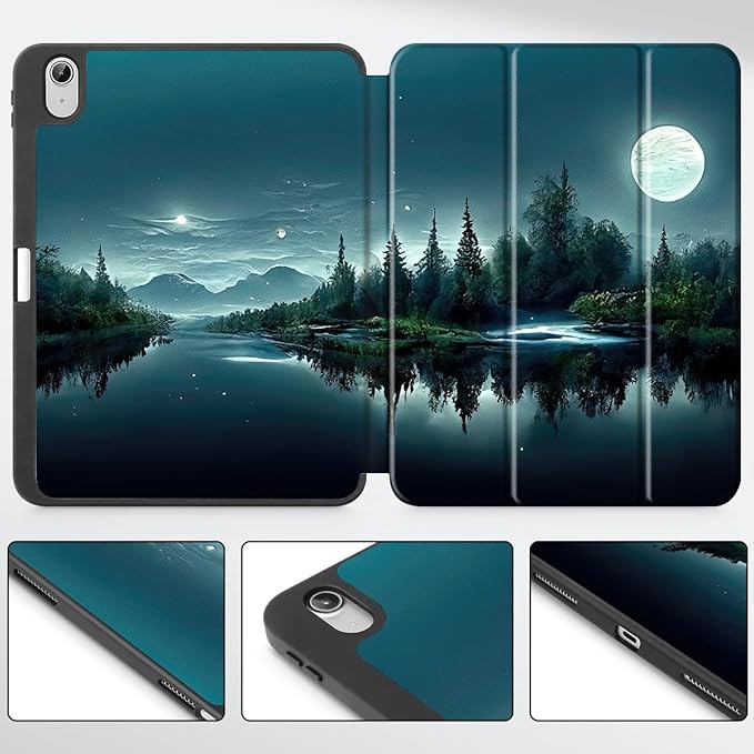 Tuiklol Case for iPad 10.2 Inch 2021 2020 2018 Release 9th / 8th / 7th Generation Built-in Pencil Holder TPU Protective Stand Back Cover Trifold Stand-Auto Wake/Sleep Night Forest