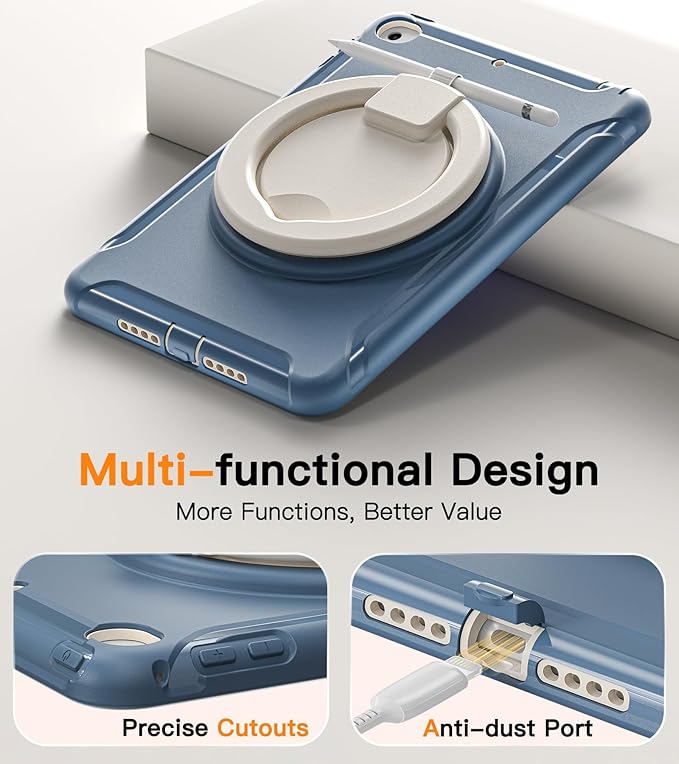 BATYUE Shockproof Case for iPad mini 4/5 (2015/2019) - 360° Multi-Angle Stand (Portrait &amp Landscape) &amp Grip Pencil Holder (Elastic Loop) Multi-Scene for All Ages Dusty Blue