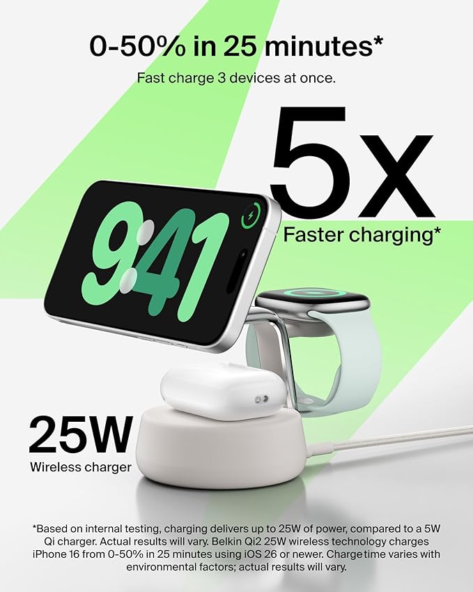 Belkin MagSafe Charger Compatible 3-in-1 Charging Station Qi2.2 25W w/Cooling Fan (On/Off Control) Magnetic Wireless Charger for iPhone 17 Apple Watch AirPods Pixel 10 (45W Adapter Included)