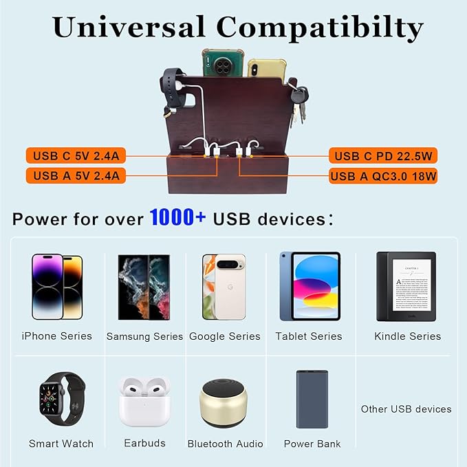 Wood Phone Docking Station with Drawer 4 USB Nightstand Organizer Charging Station with QC 3.0 &amp PD USB C Fast Charger for iPhone Android Mens Jewelry Box Anniversary Birthday Gifts for Men