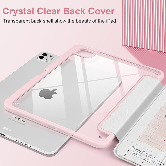 TWOLSKOO Case for iPad Pro 11-inch (M5 2025 / M4 2024) Clear Acrylic Back with TPU Bumper Pencil Holder Trifold Stand Auto Sleep/Wake Guest Check
