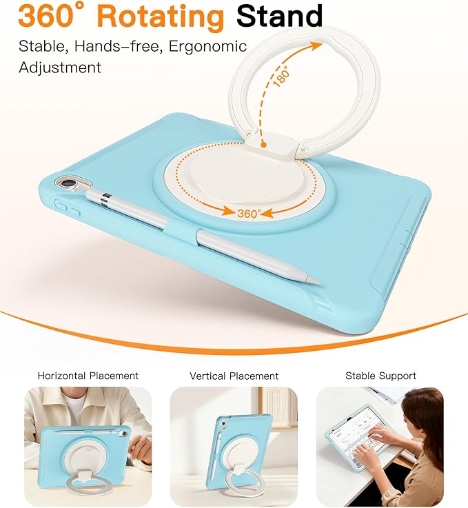 BATYUE Shockproof Case for iPad 10th Gen 10.9 2022 / 11th Gen (A16) 11 2025 | 360° Multi-Angle Stand (Portrait &amp Landscape) &amp Grip Built-in Screen Protector Pencil Holder Frozen Blue