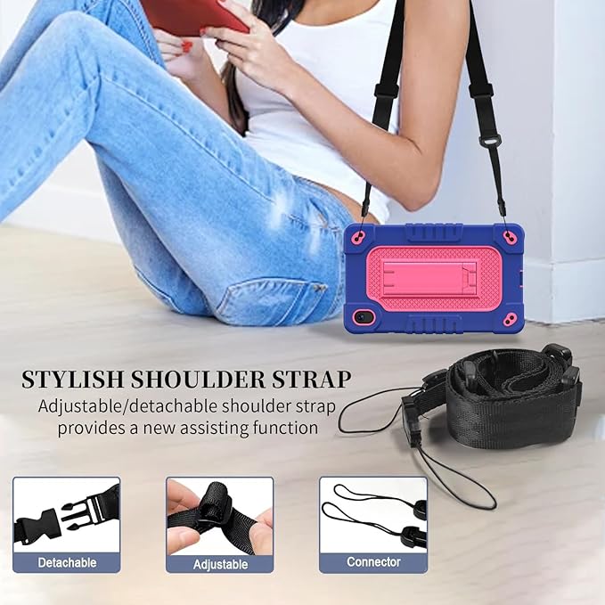 Shockproof Case for Walmart Onn 7 inch Tablet Case (2024 Model 100135924) Rugged Kids Friendly Case with Screen Protector Shoulder Strap Kickstand for Onn 7 4th Gen 2024 Model (NavyPink+2Pcs)