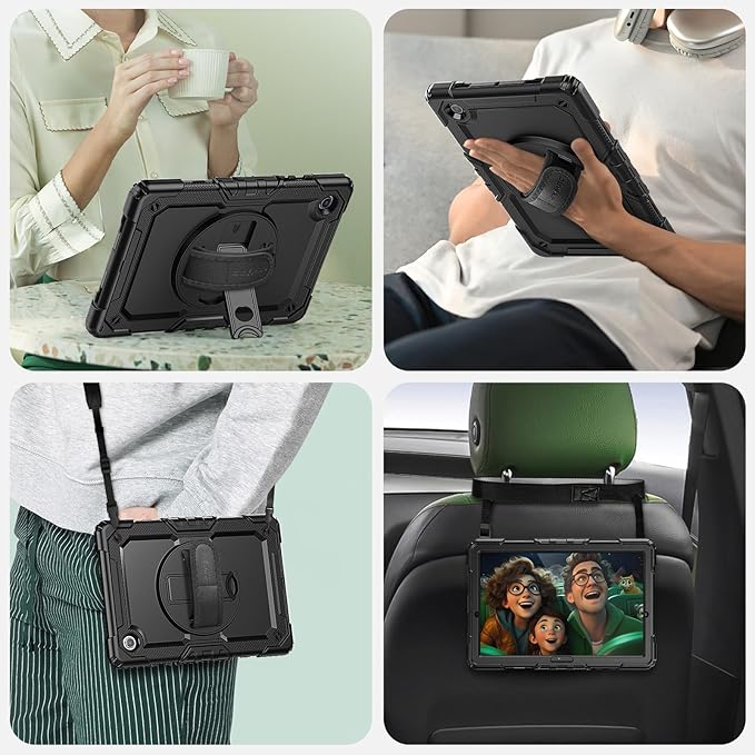SEYMAC for Samsung Galaxy Tab A8 Case 10.5 Inch (SM-X200/ X205/ X207) Heavy Duty Full-Body Shockproof Protective Case with Screen Protector Rotating Stand Hand/Shoulder Strap and Pen Holder Black