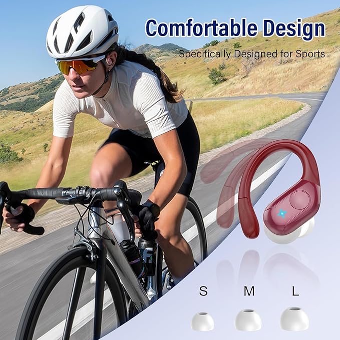 Wireless Earbuds Bluetooth 5.4 Headphones 75H Stereo Deep Bass Sports Over Ear Buds with Earhooks LED Display Bluetooth Earbuds with 4 ENC Mic IP7 Waterproof Earphone for Running Red