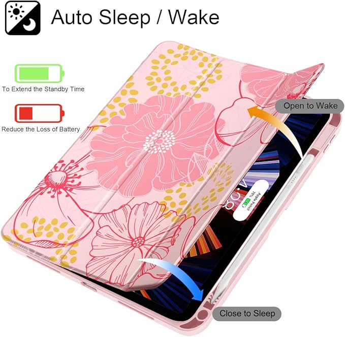 May Chen Case for iPad Air 13 Inch M4 2026 M3 2025 M2 2024 [Built-in Pencil Holder] Shockproof Cover with Clear Transparent Back Shell Auto Sleep/Wake Cover Pink Flowers