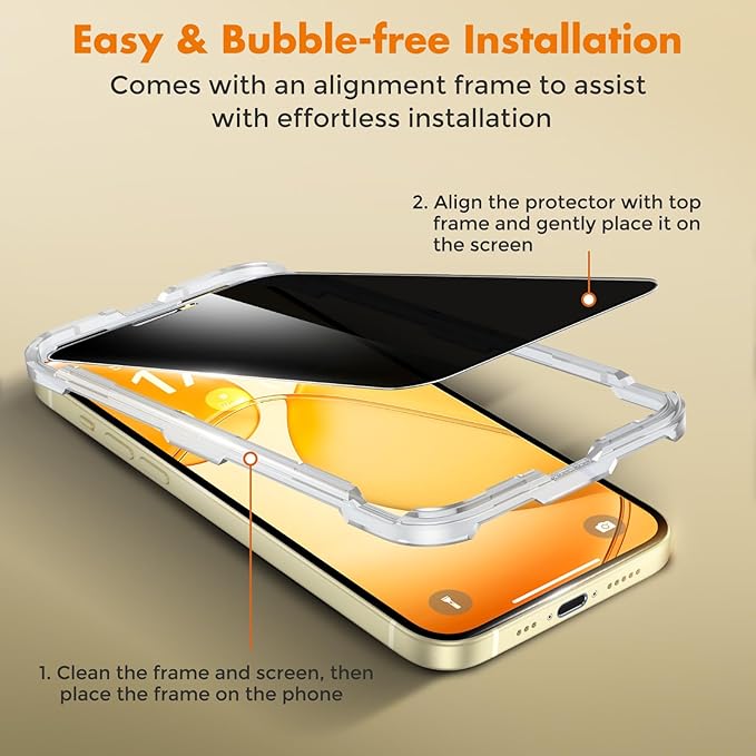 UNBREAKcable Privacy Screen Protector for iPhone 15 Full Coverage Shatterproof Tempered Glass [True 28°Anti Spy] [9H Hardness] [Easy Installation Frame] 2-Pack Private Screen for iPhone 15