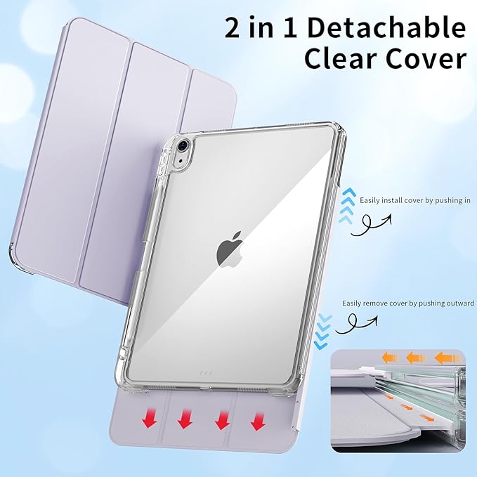 kenke Hybrid Case for iPad Air 11 Inch (M3) 2025 / (M2) 2024 iPad Air 5th/4th Gen 2022/2020 10.9 Inch with Pencil Holder Detachable Cover with Clear Hard Back Shell Auto Sleep/Wake Light Purple
