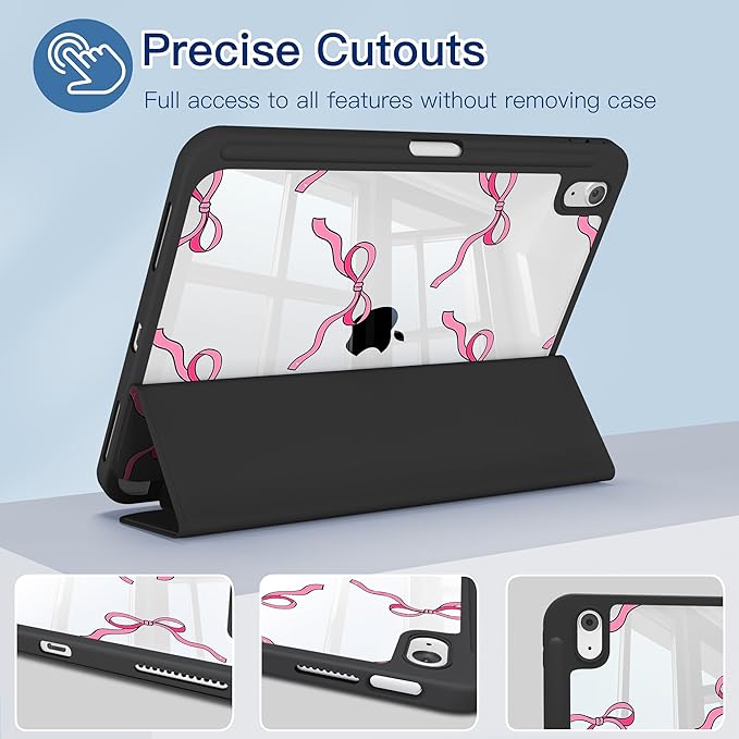 CISSOOK Case for iPad 11 Inch 2025 (A16) / 10.9 inch iPad 10th Generation 2022 with Apple Pencil Holder Auto Wake/Sleep Black Base with Pink Bow