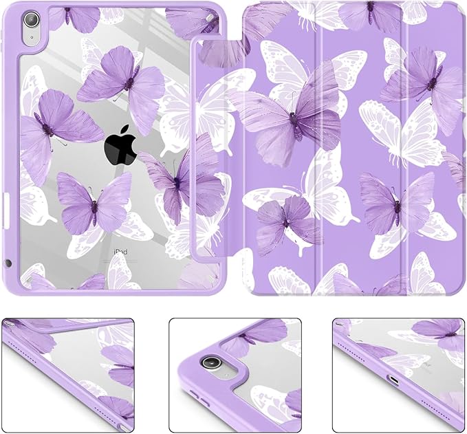 May Chen Case for iPad Air 13 Inch M4 2026 M3 2025 M2 2024 [Built-in Pencil Holder] Shockproof Cover with Clear Transparent Back Shell Auto Sleep/Wake Cover Butterfly