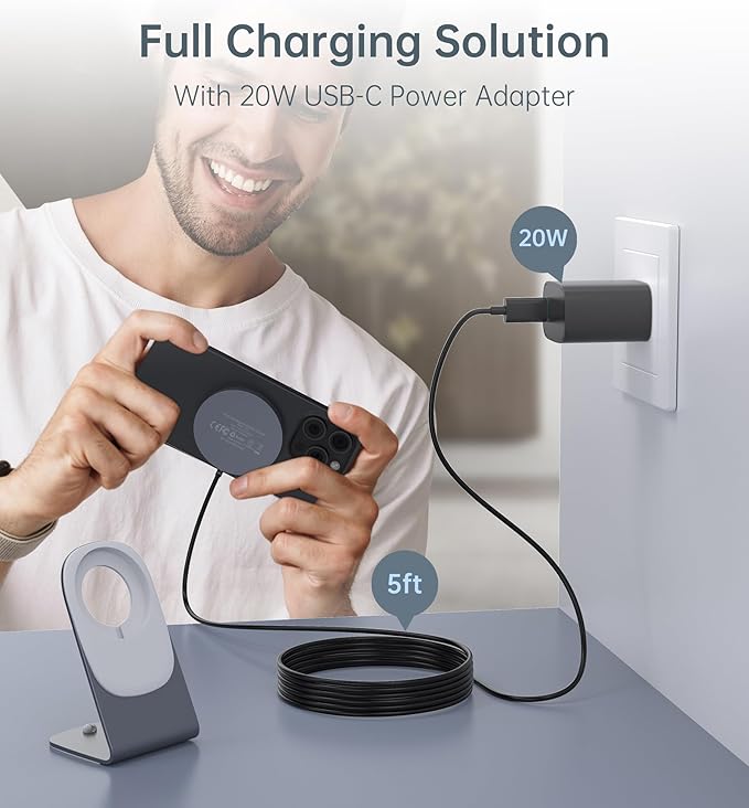 Magnetic Wireless Charger for iPhone 17/16/15/14/13/12 - Mag Charger+20W USB C Adapter Fast Wireless Charging Stand/Pad with 5ft Cable for iPhone 17/16/15/14/13/12 Pro Max Plus Mini 17 AirGray