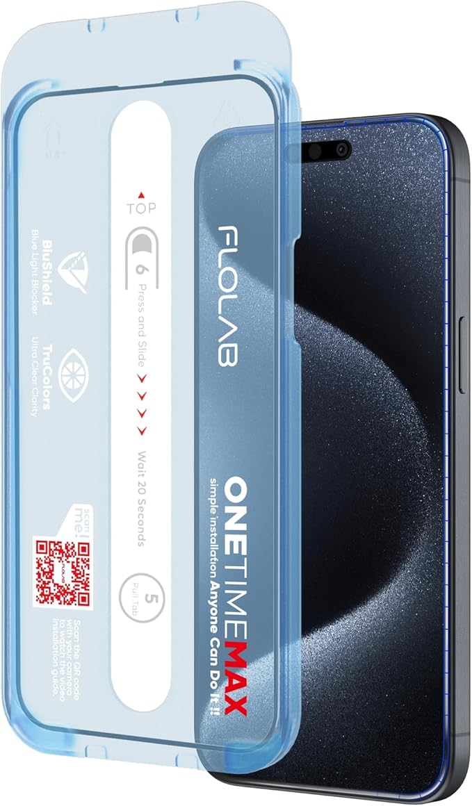 FLOLAB NanoArmour ONETIME MAX for iPhone 15 Pro Screen Protector: Anti-Blue Light Screen Protector 3D Clear Military-Grade Tempered Glass Durable Smooth Easy Install Dust-Free